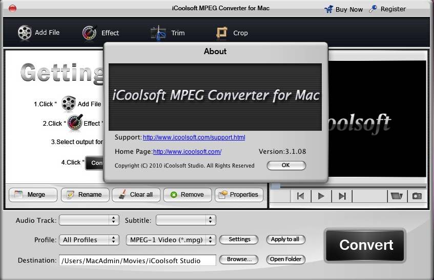 iCoolsoft MPEG Converter for Mac 3.1 : Main Window