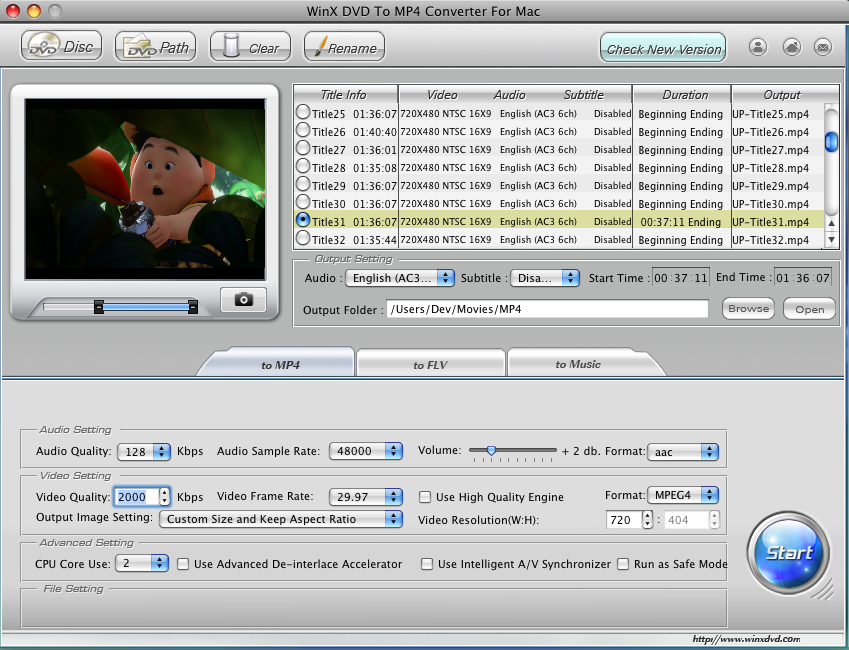 WinX DVD To MP4 Converter For Mac 2.0 : Main Window