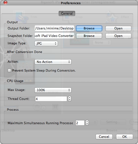 Bigasoft iPad Video Converter for Mac 3.7 : Program Preferences