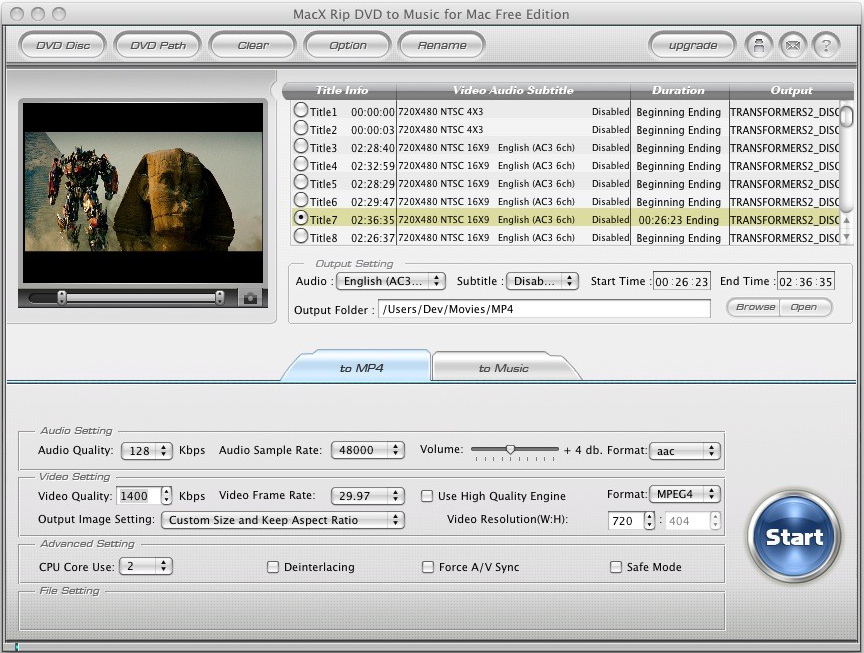 MacX Rip DVD to Music for Mac Free Edition 2.0 : Main Window