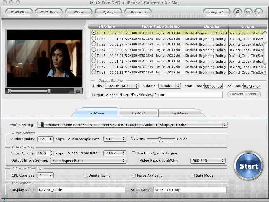 MacX Free DVD to iPhone4 Converter 2.0 : Main Window
