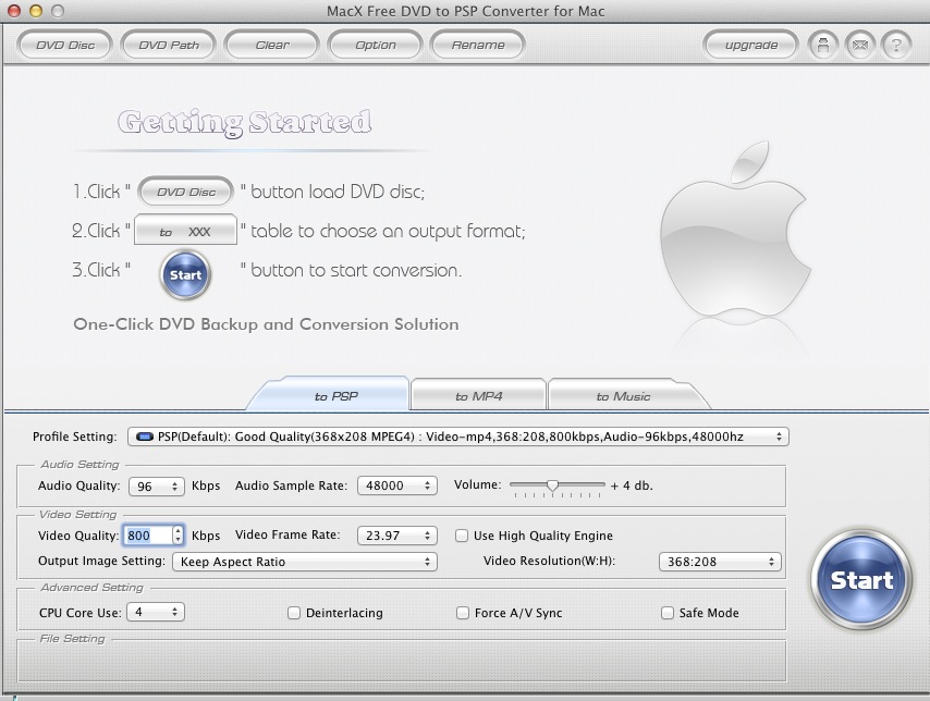 MacX Free DVD to PSP Converter for Mac 2.0 : Main window