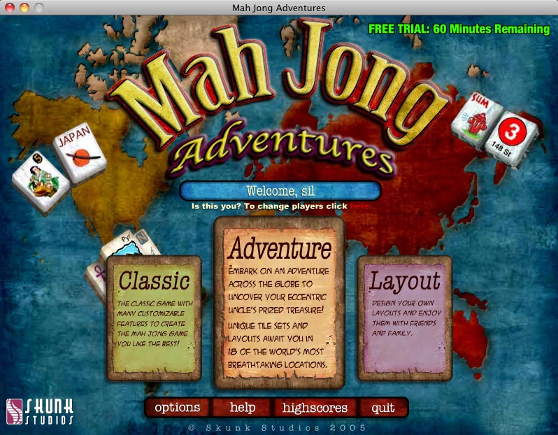 Mah Jong Adventures : Main menu
