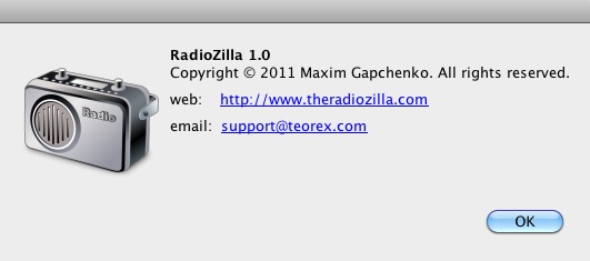 RadioZilla 1.0 : About window