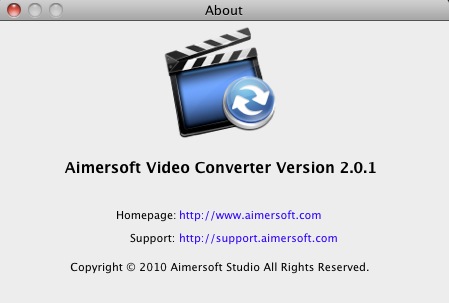 Aimersoft Video Converter for Mac 2.0 : About window