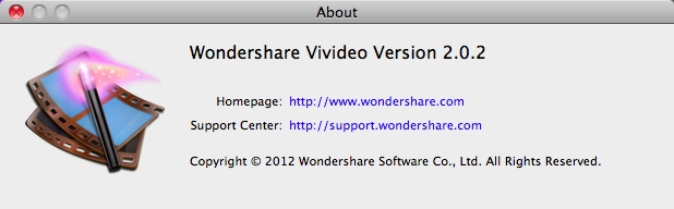 Wondershare Vivideo 2.0 : About window