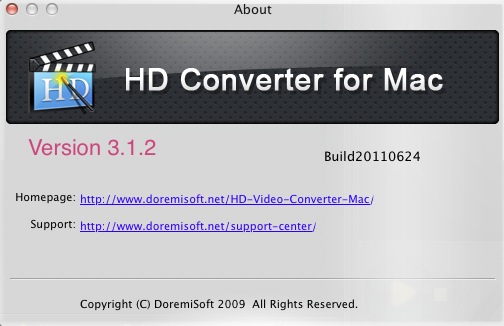 Doremisoft Mac HD Video Converter 3.1 : About window