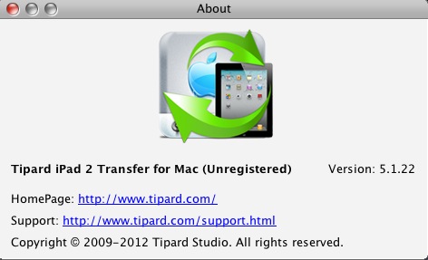 Tipard iPad 2 Transfer for Mac 5.1 : About window