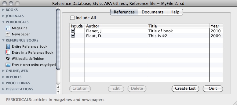 APA Reference Database 1.0 : Main window