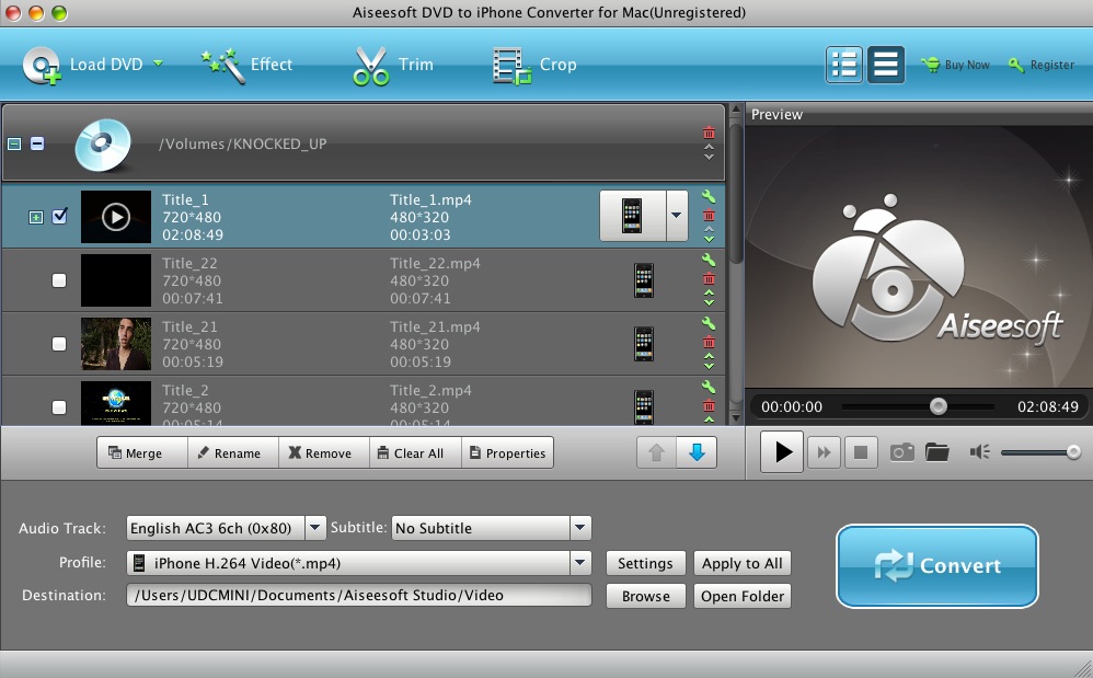 Aiseesoft DVD to iPhone Converter for Mac 6.2 : Main window