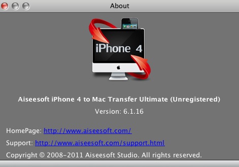 Aiseesoft iPhone 4 to Mac Transfer 6.1 : About window