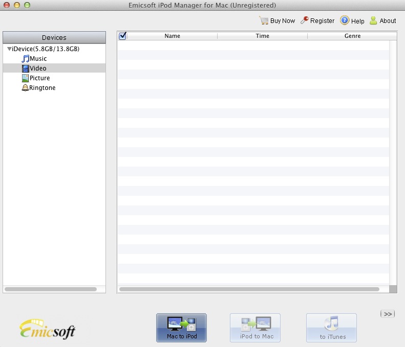 Emicsoft iPod Manager for Mac 3.1 : Main window