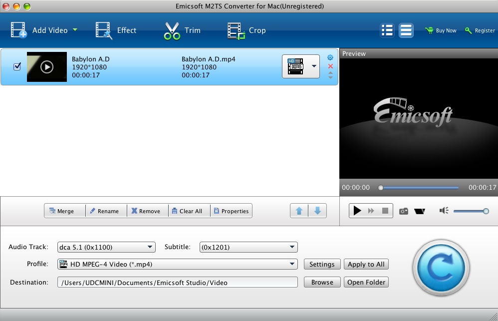 Emicsoft M2TS Converter for Mac 3.2 : Main window