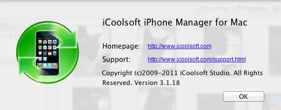 iCoolsoft iPhone Manager for Mac 3.1 : About window