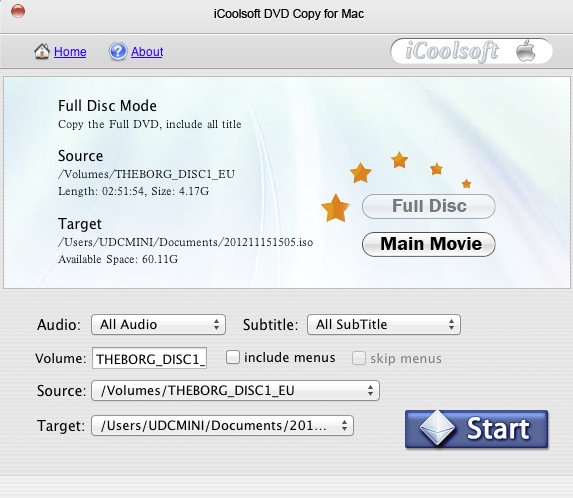 iCoolsoft DVD Copy for Mac 3.1 : Main window