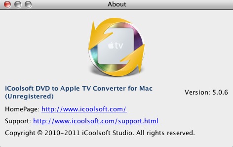 iCoolsoft DVD to Apple TV Converter for Mac 5.0 : About window