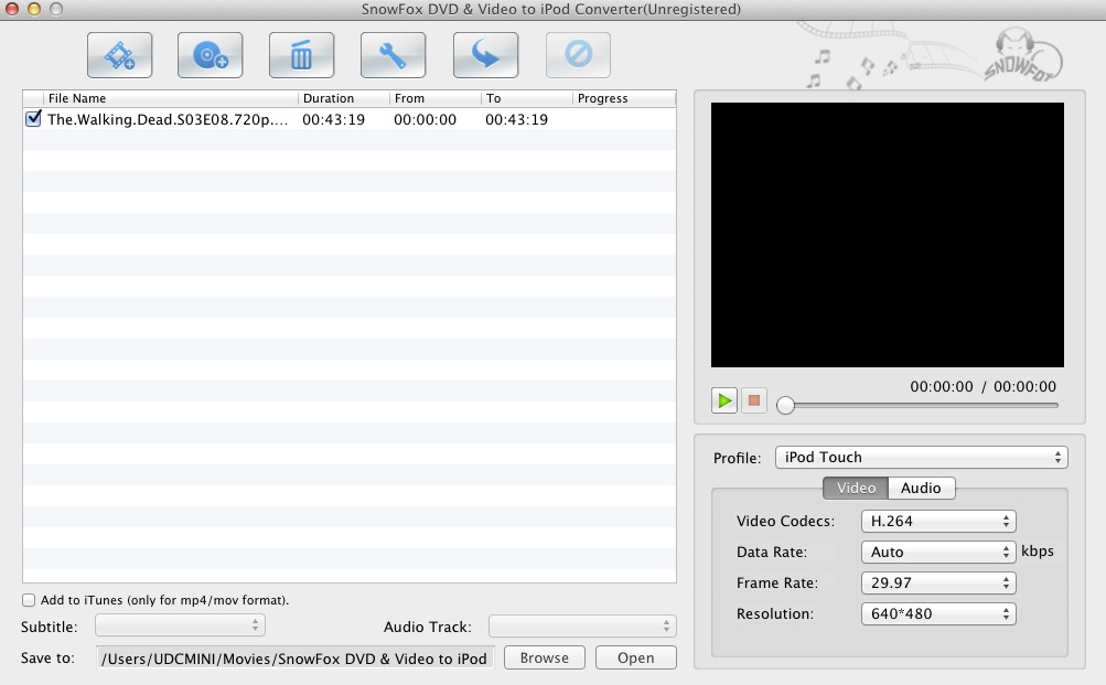 SnowFox DVD & Video to iPod Converter 2.0 : Main window