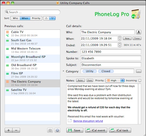 PhoneLog Pro 2.1 : Main window