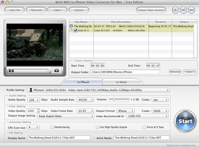 WinX MKV to iPhone Video Converter for Mac - Free Edition 2.8 : Main window