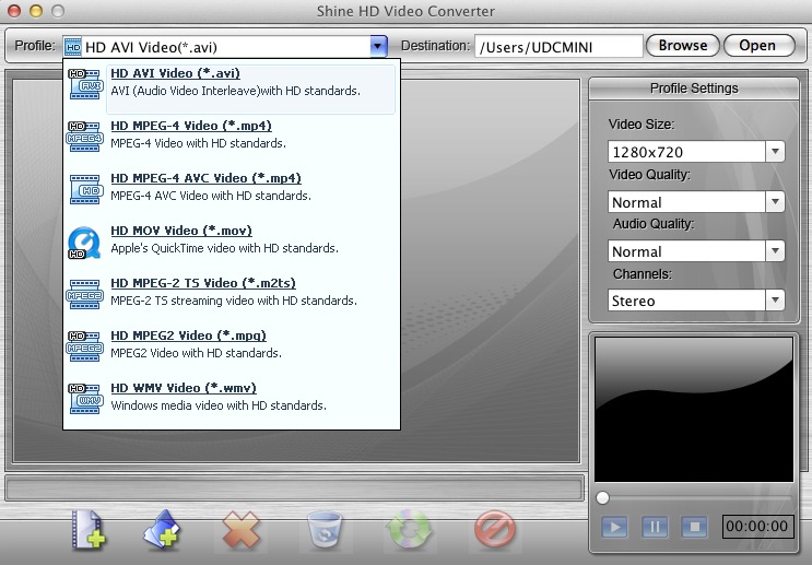 Shine HD Video Converter 1.1 : Main window and formats