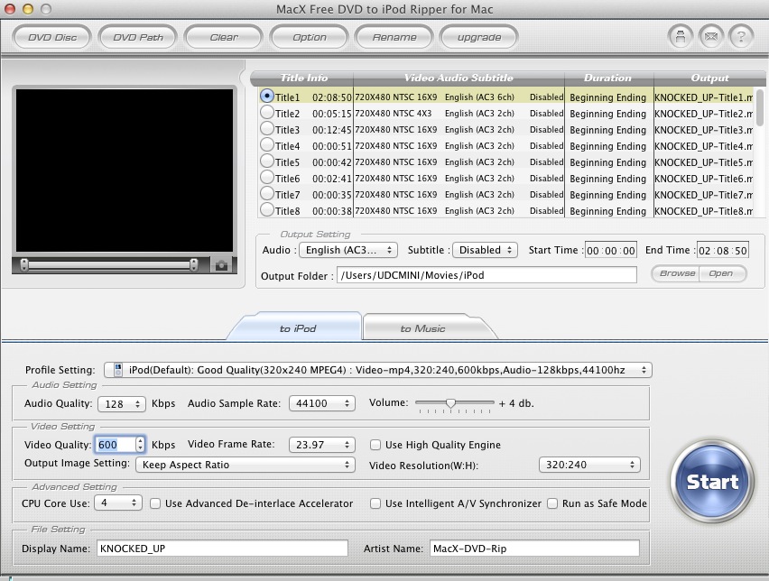 MacX Free DVD to iPod Ripper for Mac 2.0 : Main window