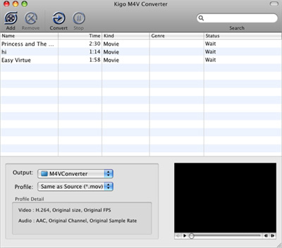 Kigo M4V Converter for Mac OS X 2.3 : Main Window