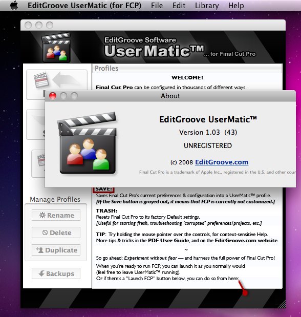 EditGroove UserMatic (for FCP) 1.0 : Main window
