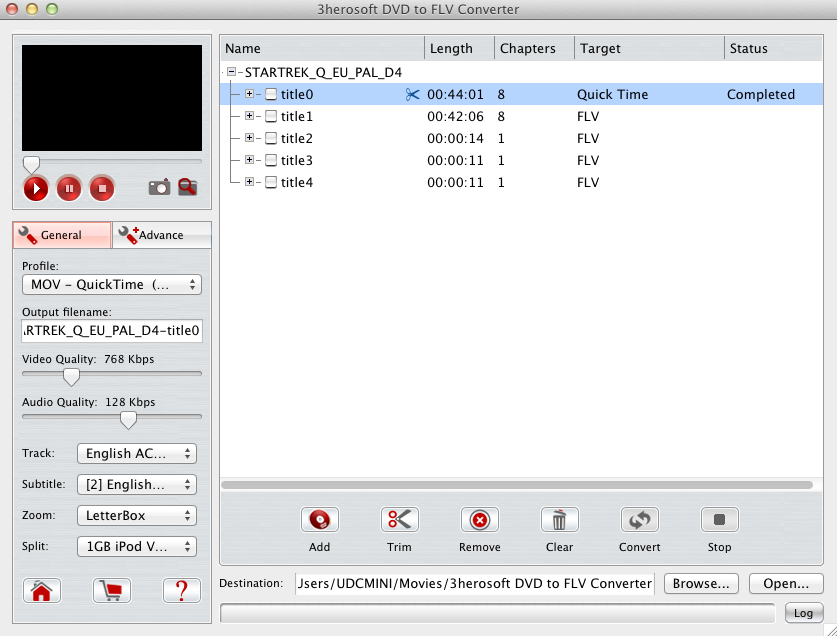 3herosoft DVD to FLV Converter 3.6 : Main window