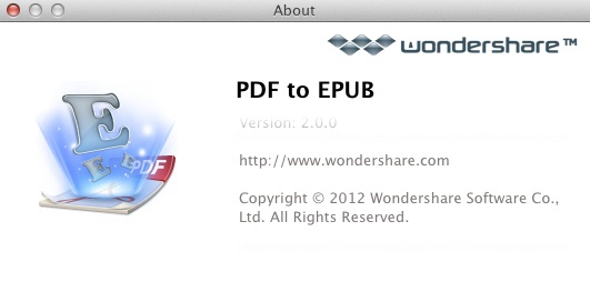 Wondershare PDF to EPUB 2.0 : About window