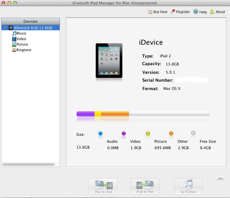 iCoolsoft iPad Manager for Mac 3.1 : Main window
