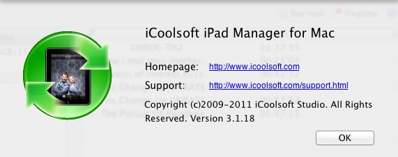 iCoolsoft iPad Manager for Mac 3.1 : About window