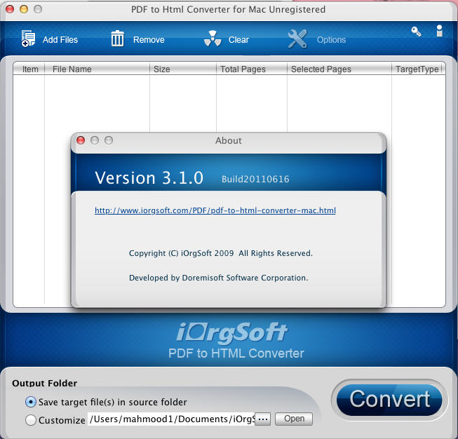 PDF to Html Converter for Mac 3.1 : Main Window