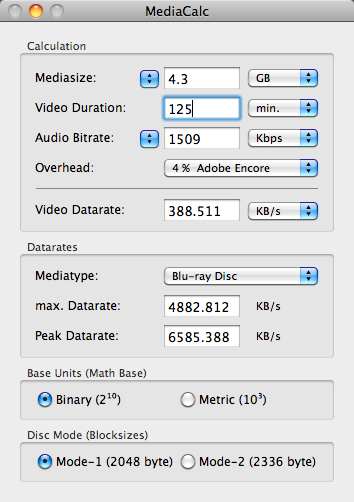 MediaCalc 2.3 : Blu-ray sample datarate calculation