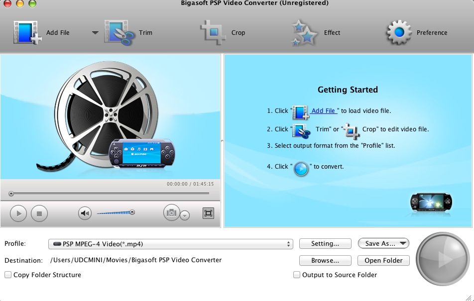 Bigasoft PSP Video Converter 3.5 : Main window