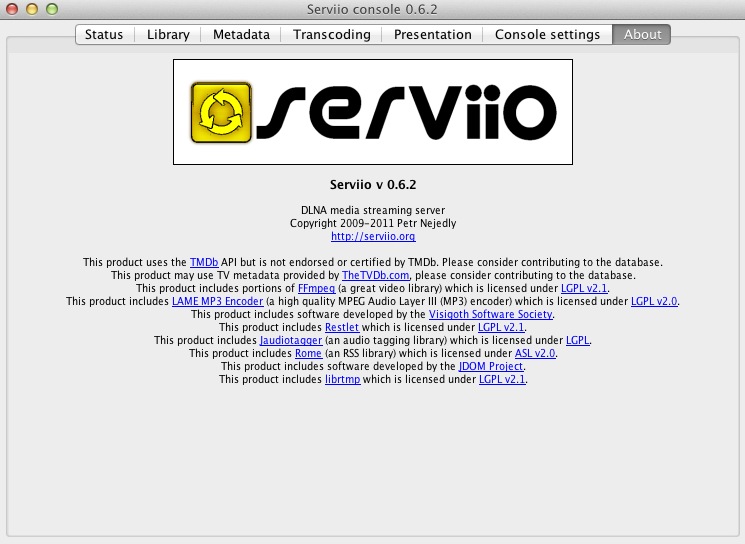 Serviio 0.6 : About window