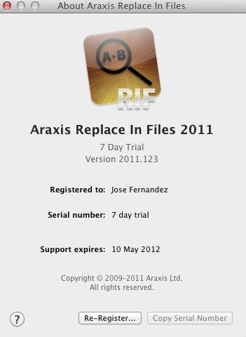 Replace In Files 2011.1 : About window