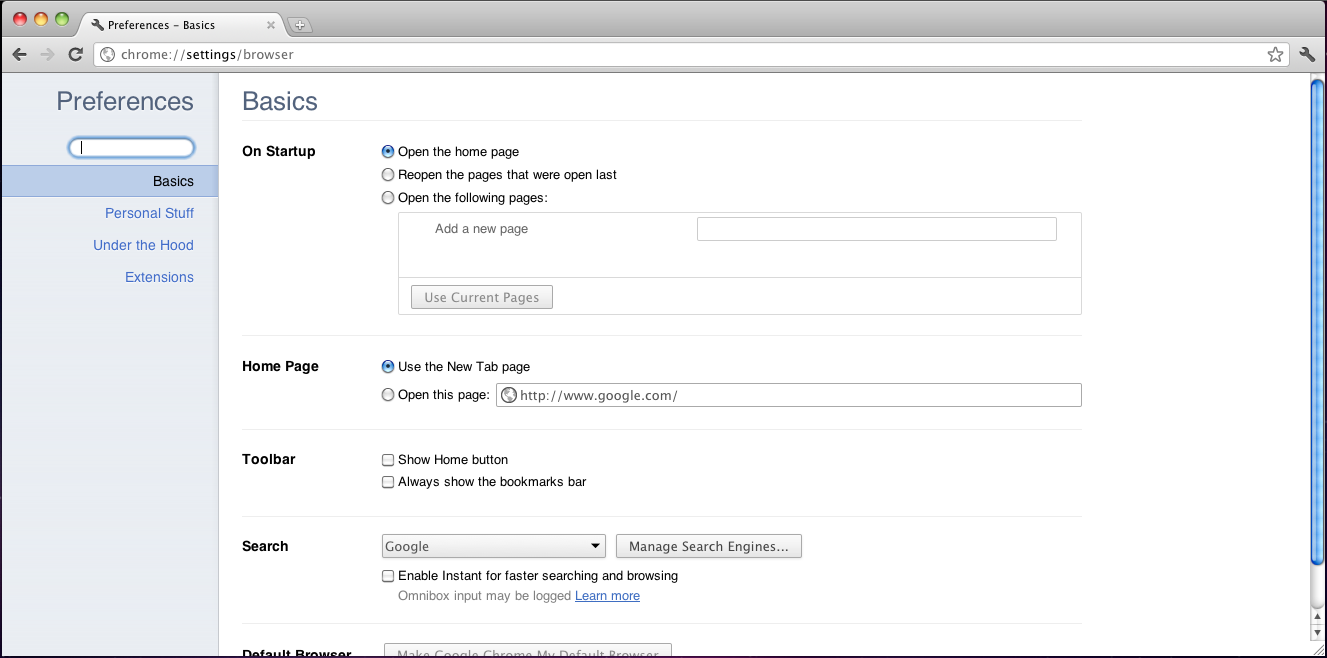 Google Chrome 15.0 : Google Chrome Preference Screen