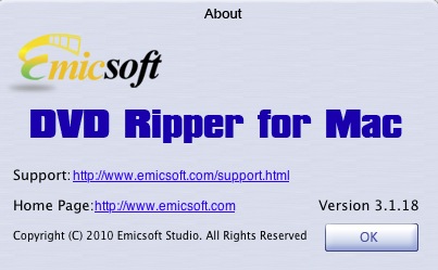 Emicsoft DVD Ripper for Mac 3.1 : About window