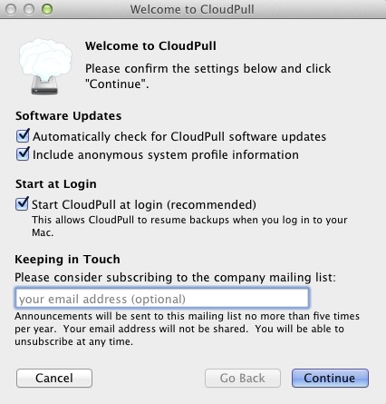 CloudPull 2.0 : Welcome screen