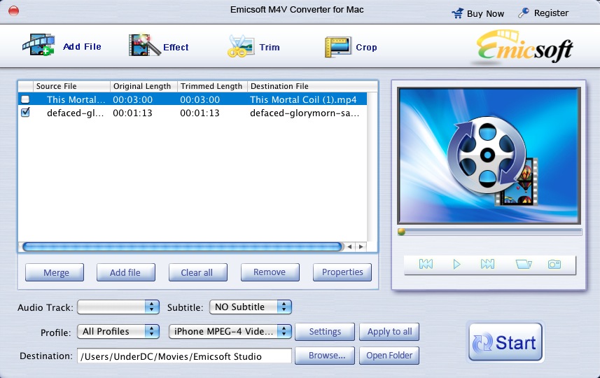 Emicsoft M4V Converter for Mac 3.1 : Main window