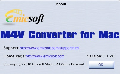 Emicsoft M4V Converter for Mac 3.1 : About window