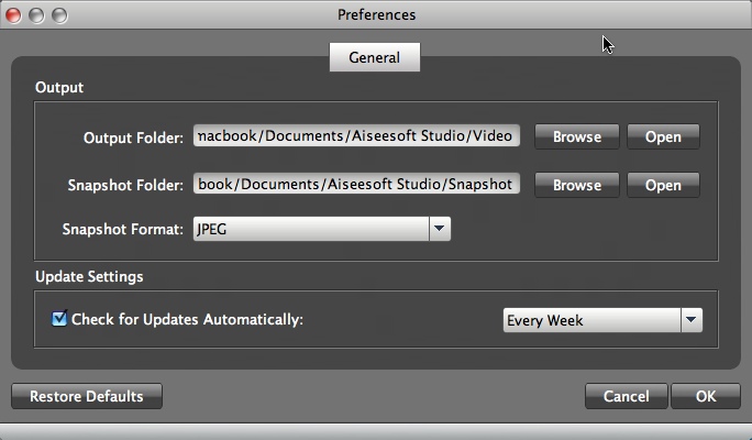 Aiseesoft MP4 Converter for Mac 6.2 : Settings Window