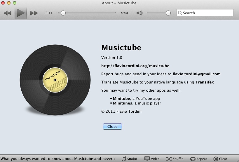 Musictube 1.0 : About window