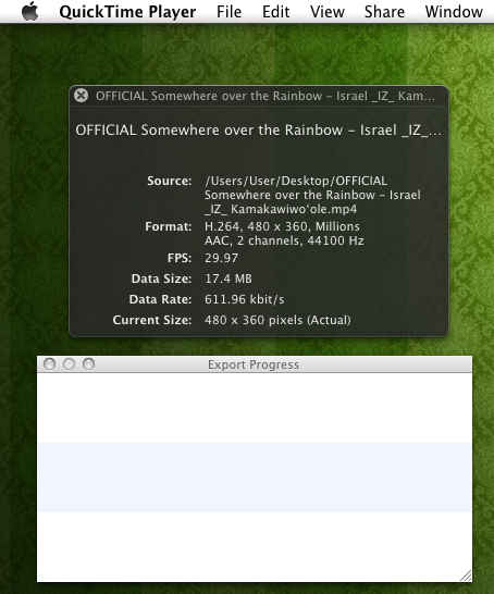 QuickTime Player 10.0 : Movie Inspector + Export Progress Windows