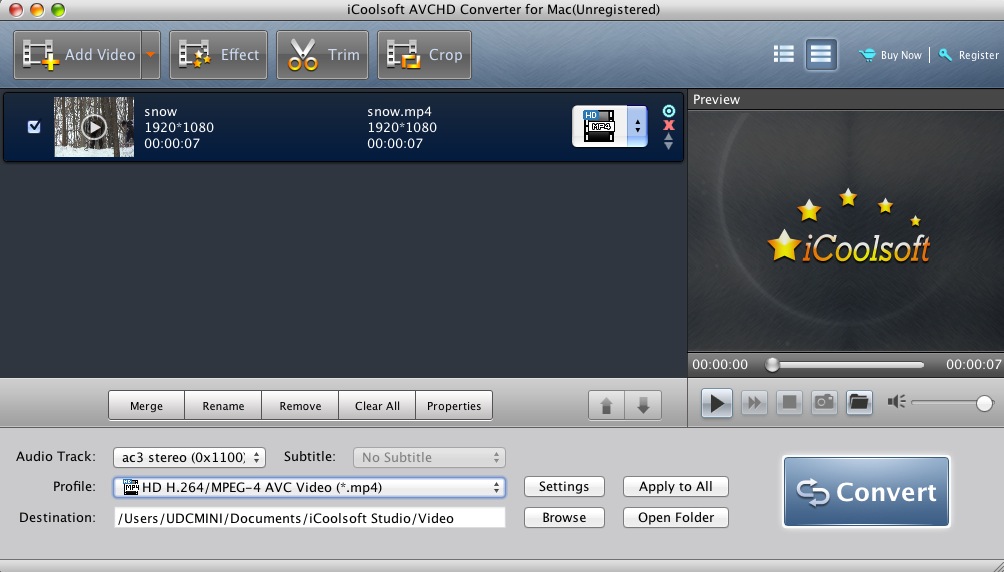 iCoolsoft AVCHD Converter for Mac 5.0 : Main window