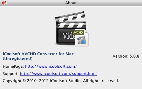 iCoolsoft AVCHD Converter for Mac 5.0 : About window