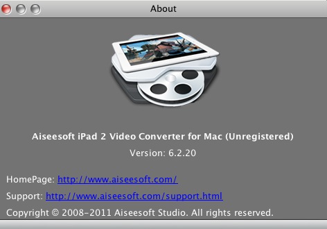 Aiseesoft iPad 2 Video Converter for Mac 6.2 : About window