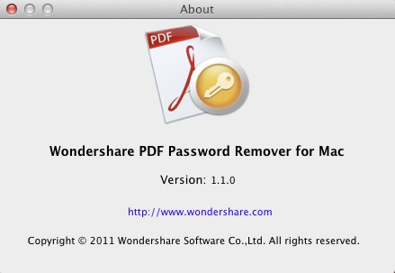 Wondershare PDF Password Remover 1.1 : About window