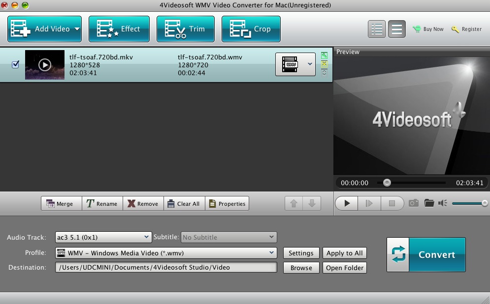 4Videosoft WMV Video Converter for Mac 5.0 : Main window