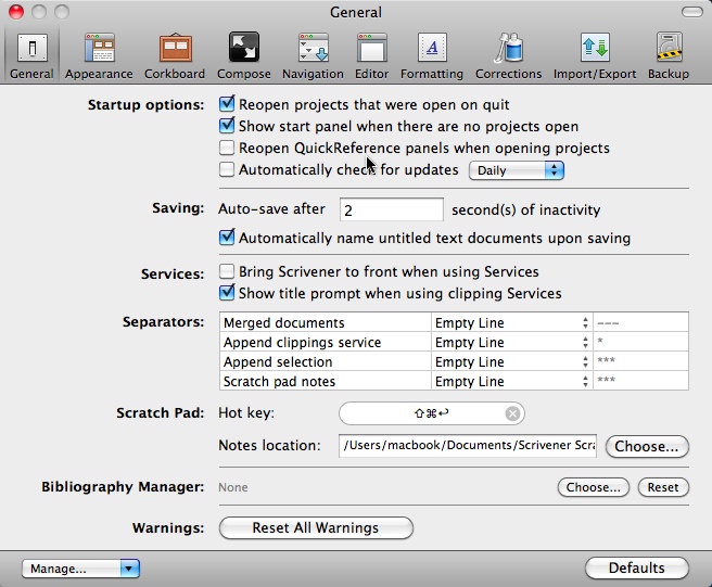 Scrivener 2.2 : Preferences window